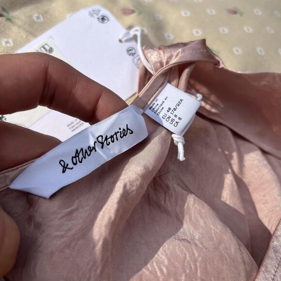 & Other Stories Dress Womens 8 Pink Satin Wrap Midi Crinkle A Line Shiny NWT - Picture 4 of 8